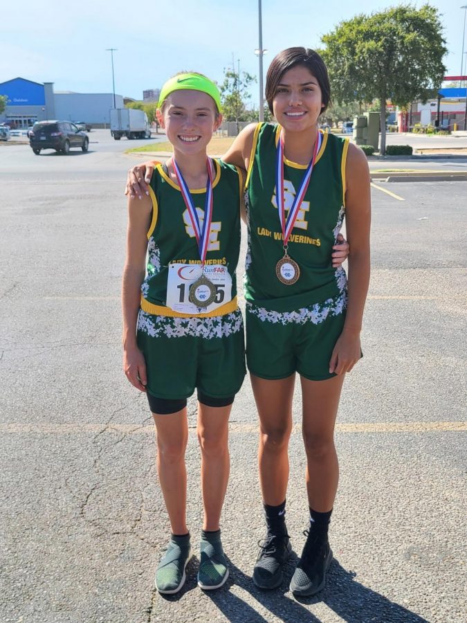 Lady Wolverine Medalists from the Mae Simmons cross country meet. (sophomores Taytum Goodman and Dede Dayonara)