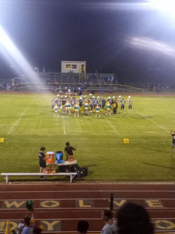 The team standing on the field as the cheerleaders and band performed the school song after the game.
