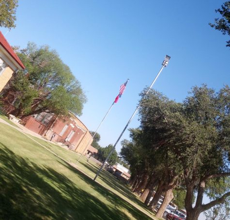The flag pole in front of the school.