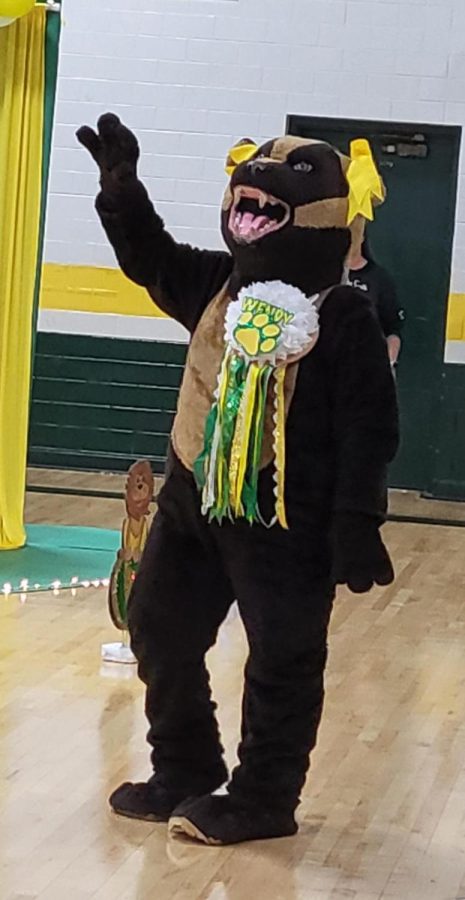 Wendy the Wolverine raising her paw to the school song at the pep rally.