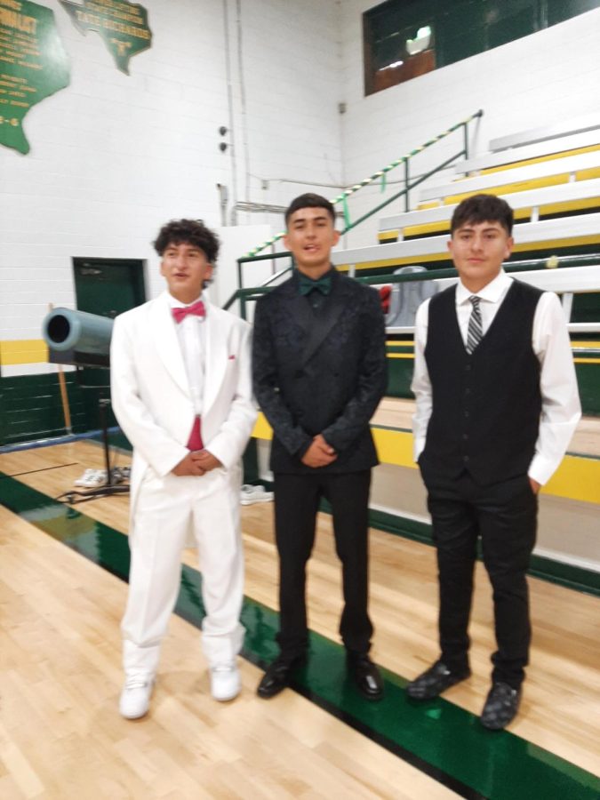 The freshman homecoming candidate, Froylan Agundiz, the sophomore candidate, Timothy Tovar, and the junior candidate, JJ Jaramillo posing together.