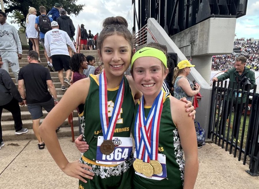 Juniors Taytum Goodman & Emma Samaron with their state medals at the 2023 UIL State Track & Field Meet in Austin, TX.